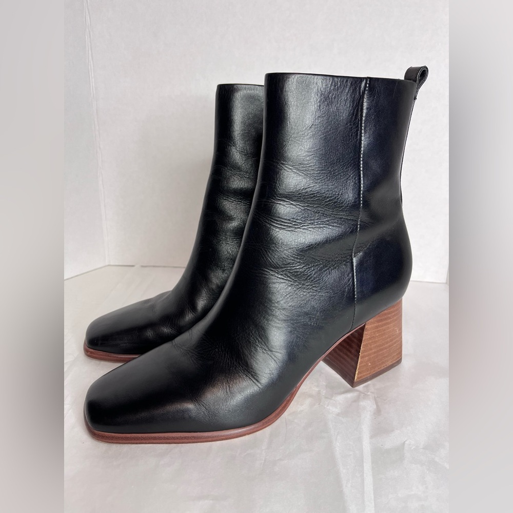 Marc Fisher Floria Black Leather Block Heel Ankle Boots